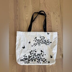 Floral and Bird Print Canvas Tote Bag Black and Cream Interior Zip Pocket NWOT